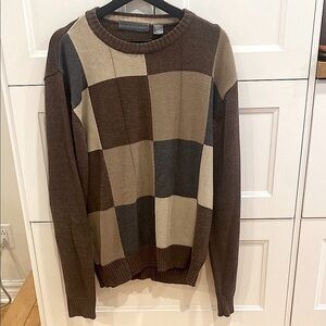 Oscar de la Renta Brown and Tan Checkered Crewneck Men’s Sweater Size X-Large